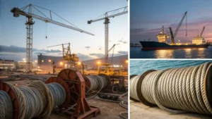 Photorealistic collage of steel wire ropes in various industrial settings