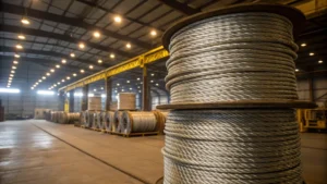 Photorealistic image of glistening steel wire ropes in a warehouse