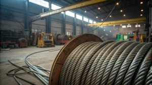 Coiled steel wire ropes in an industrial workshop