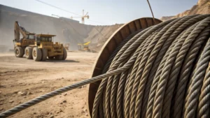 Close-up of steel wire ropes coiled on a mining site