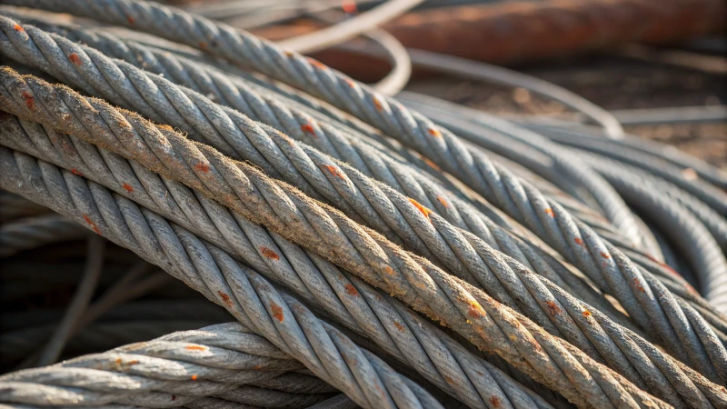 Close-up of tangled steel wire ropes showing rust and wear