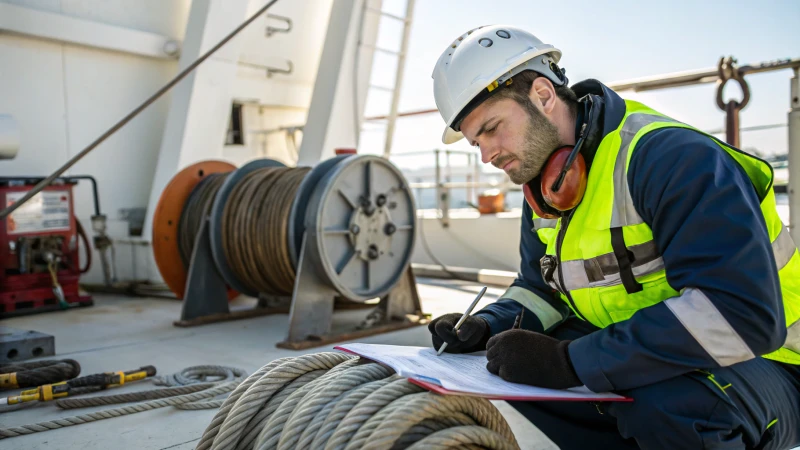 A technician inspecting steel wire ropes in an industrial setting