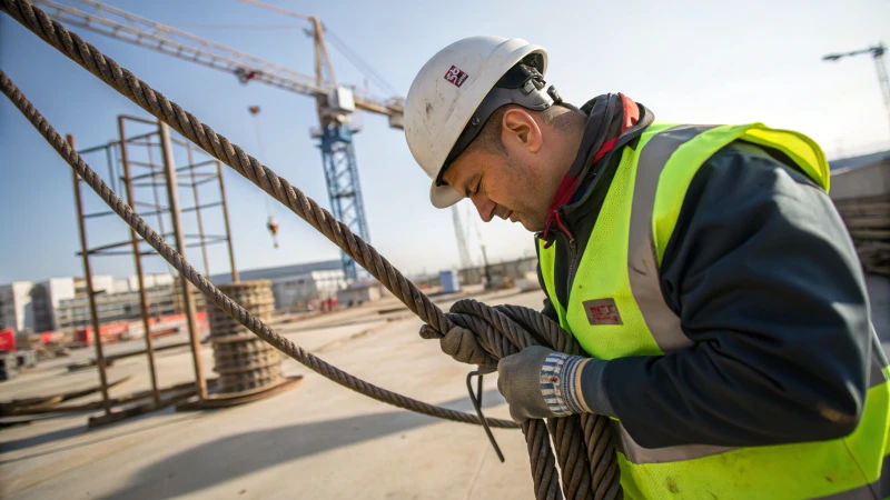 Technician inspecting wire rope at a construction site