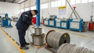 A technician inspecting steel wire ropes in a modern facility