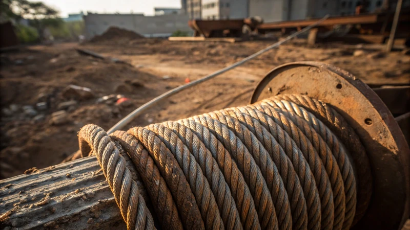 Close-up of a rusted wire rope at a construction site