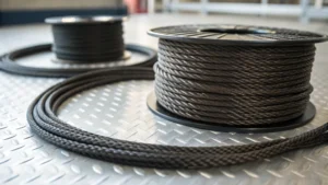 Close-up of coiled lightweight wire ropes on a metallic surface