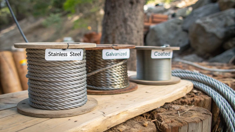 Close-up of various wire ropes on wooden surface with tags