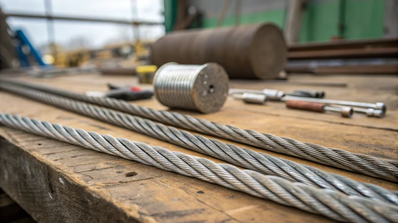 Close-up of various wire ropes on a wooden workbench