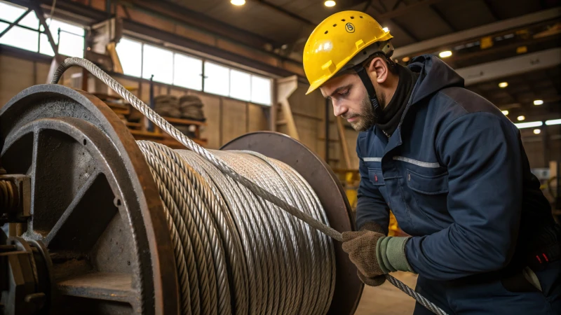 A worker in a hard hat inspecting steel wire rope in an industrial workshop