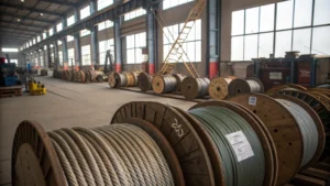A well-lit workshop filled with wire ropes and tools.