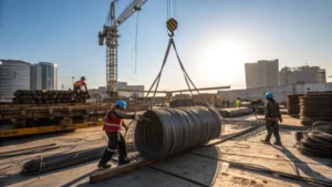 A busy construction site with workers and machinery
