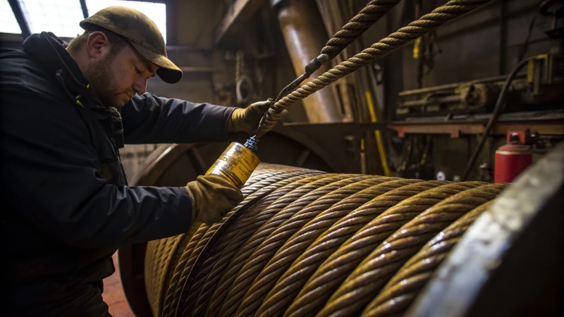 Close-up of thick steel elevator ropes being lubricated in a workshop