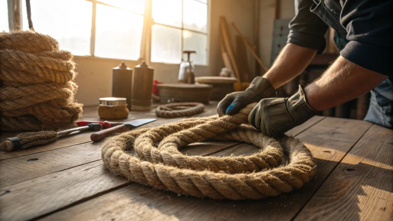 A person inspecting a thick rope on a wooden table