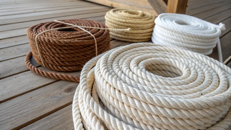 Close-up of various ropes on a wooden surface