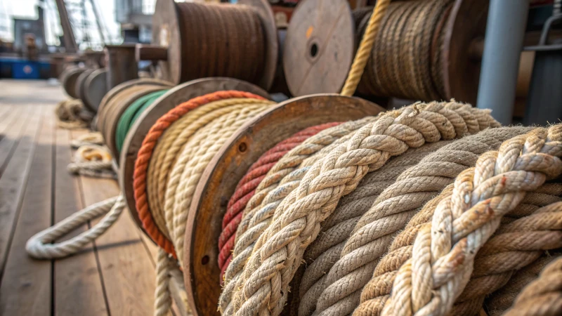 Close-up of various ropes on a wooden surface
