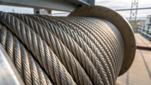 Close-up of a steel wire rope with braided strands