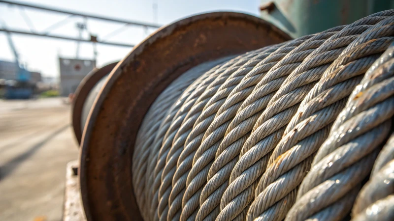 Close-up of a worn steel wire rope