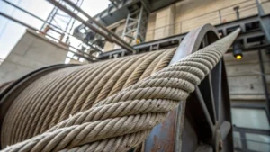 Close-up of a steel wire rope used in an elevator system