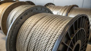 Close-up of steel wire ropes with varying thicknesses