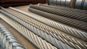 Close-up of different steel wire ropes showcasing various constructions