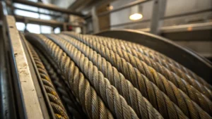 Close-up of steel wire ropes used in an elevator system