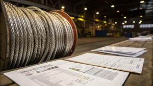 Close-up of coiled steel wire ropes in an industrial setting with safety documents nearby.