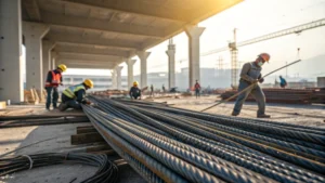 Construction site with steel wire ropes and workers