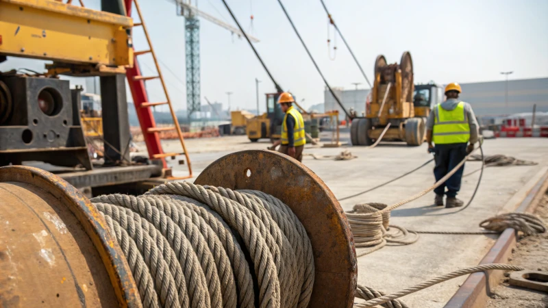 Close-up of fraying wire ropes at a construction site