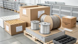 Custom packaging solutions for steel wire ropes in an industrial workspace.