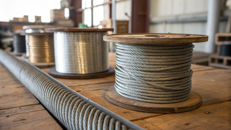 Assortment of custom steel wire ropes on a wooden table