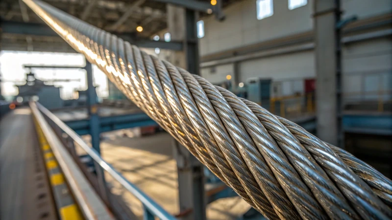 Close-up of a shiny elevator cable with a corrosion-resistant coating.