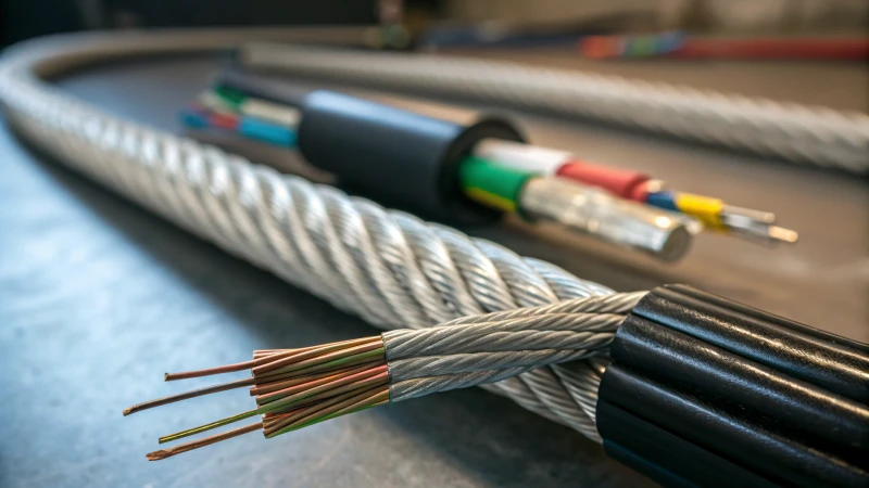 Close-up view of elevator cables including steel rope and fiber optic cables.