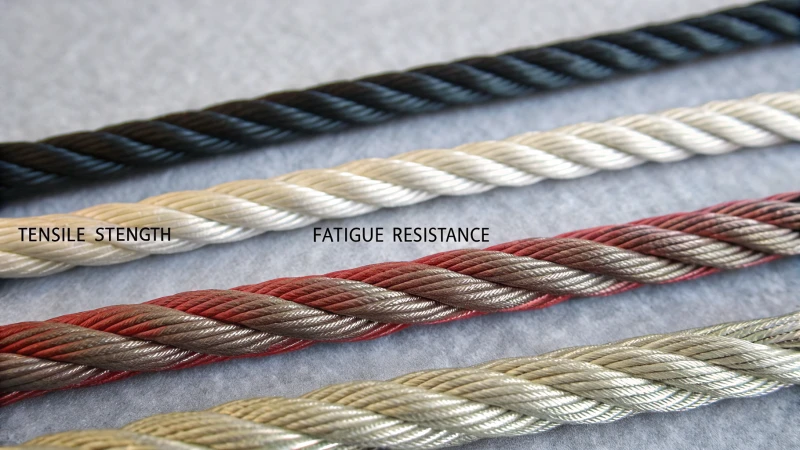 Close-up of various elevator ropes on a gray background