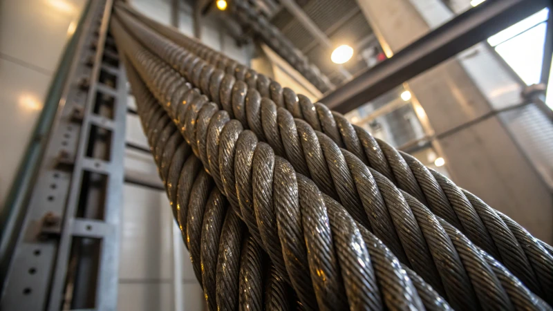 Close-up of elevator ropes with polymer coating