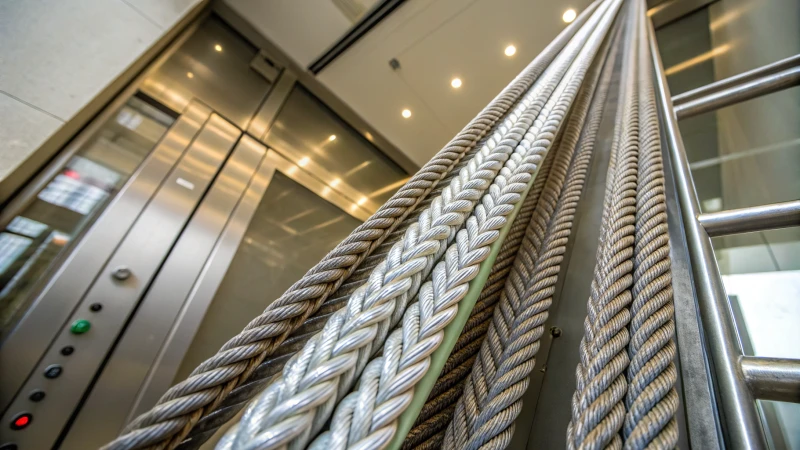 Close-up of advanced elevator ropes with polymer coatings