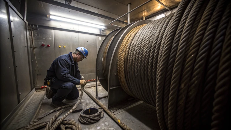 A technician inspecting wire ropes in a dimly lit elevator shaft