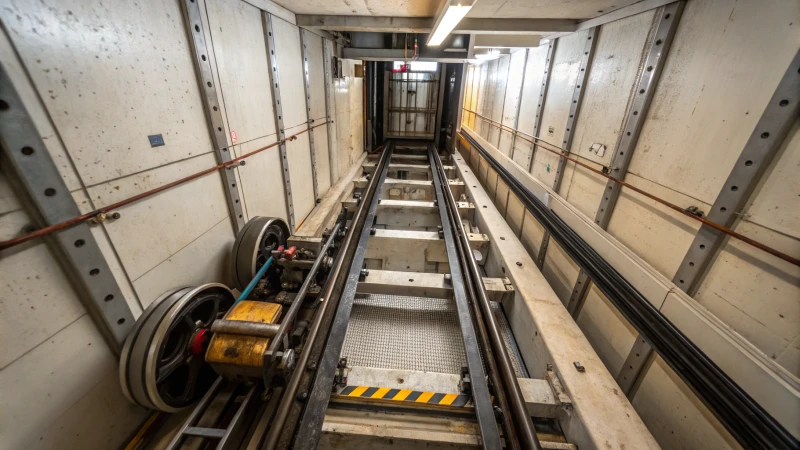 Detailed view of an elevator shaft showcasing mechanical components