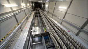 Detailed view of an elevator shaft with steel wire ropes and monitoring equipment