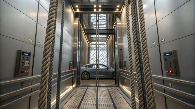 Photorealistic elevator shaft with steel ropes