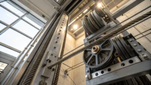 Close-up of elevator system with steel wire ropes
