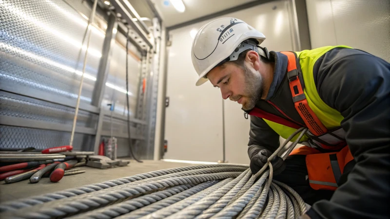 Elevator technician inspecting steel wire ropes in a well-lit environment