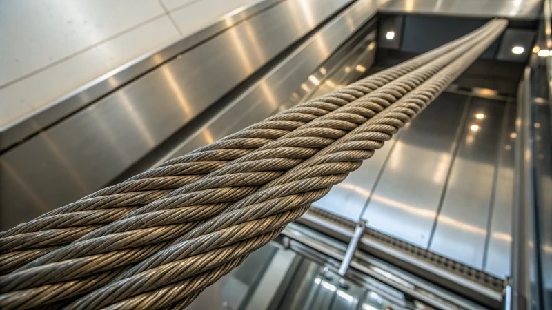 Close-up of a twisted elevator wire rope