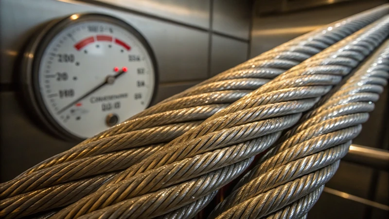 Close-up of steel elevator wire ropes with a temperature gauge in the background