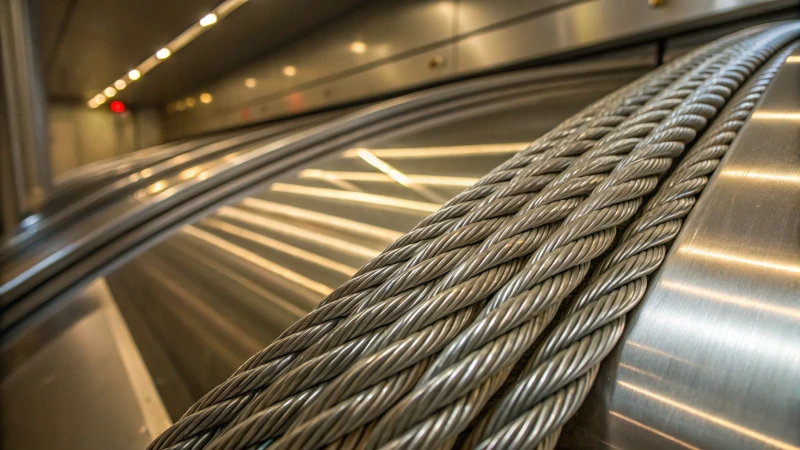 Close-up view of elevator steel wire ropes