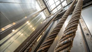 Close-up of elevator wire ropes in an urban shaft