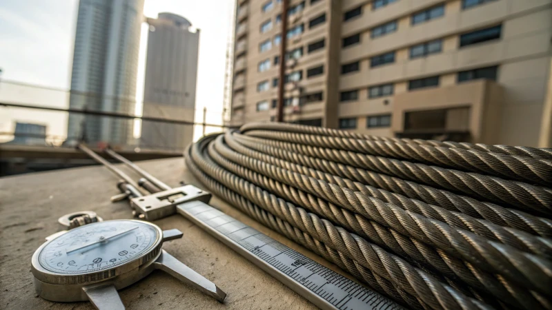 Close-up view of metallic elevator wire ropes with measurement tools.