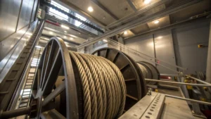 Close-up of steel wire ropes in an elevator system with tensioning equipment