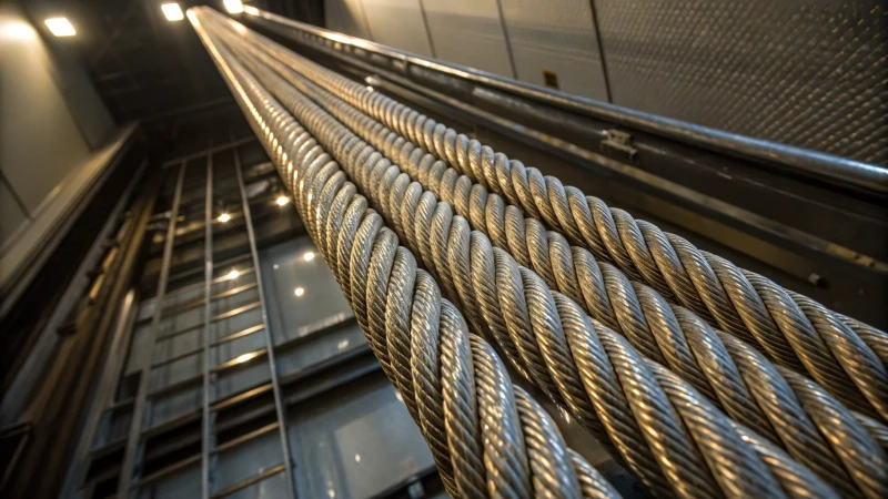 Close-up of industrial elevator wire ropes
