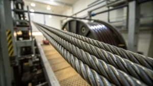 Close-up of elevator steel wire ropes with lubrication
