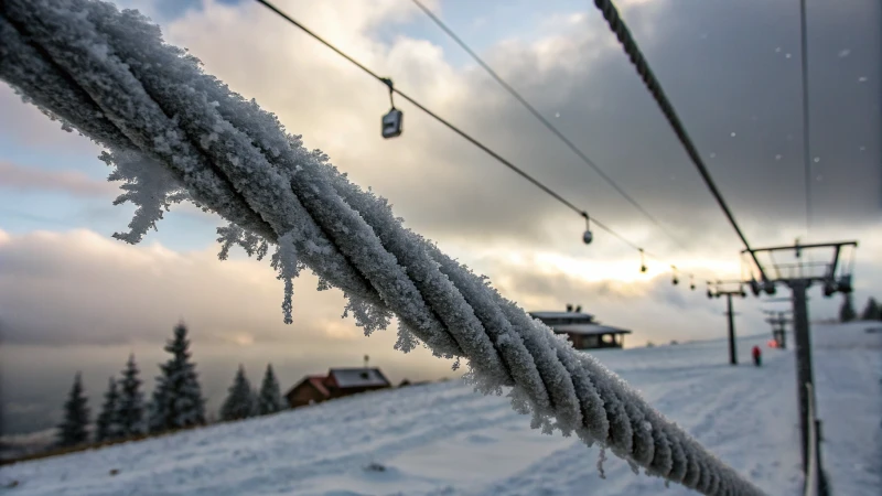 Frosted elevator wire ropes in a snowy environment
